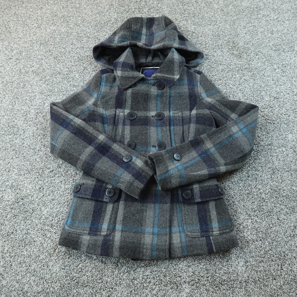 VTG American Eagle Jacket Womens XS Gray Plaid Wool Pea Coat Double Breasted Y2K